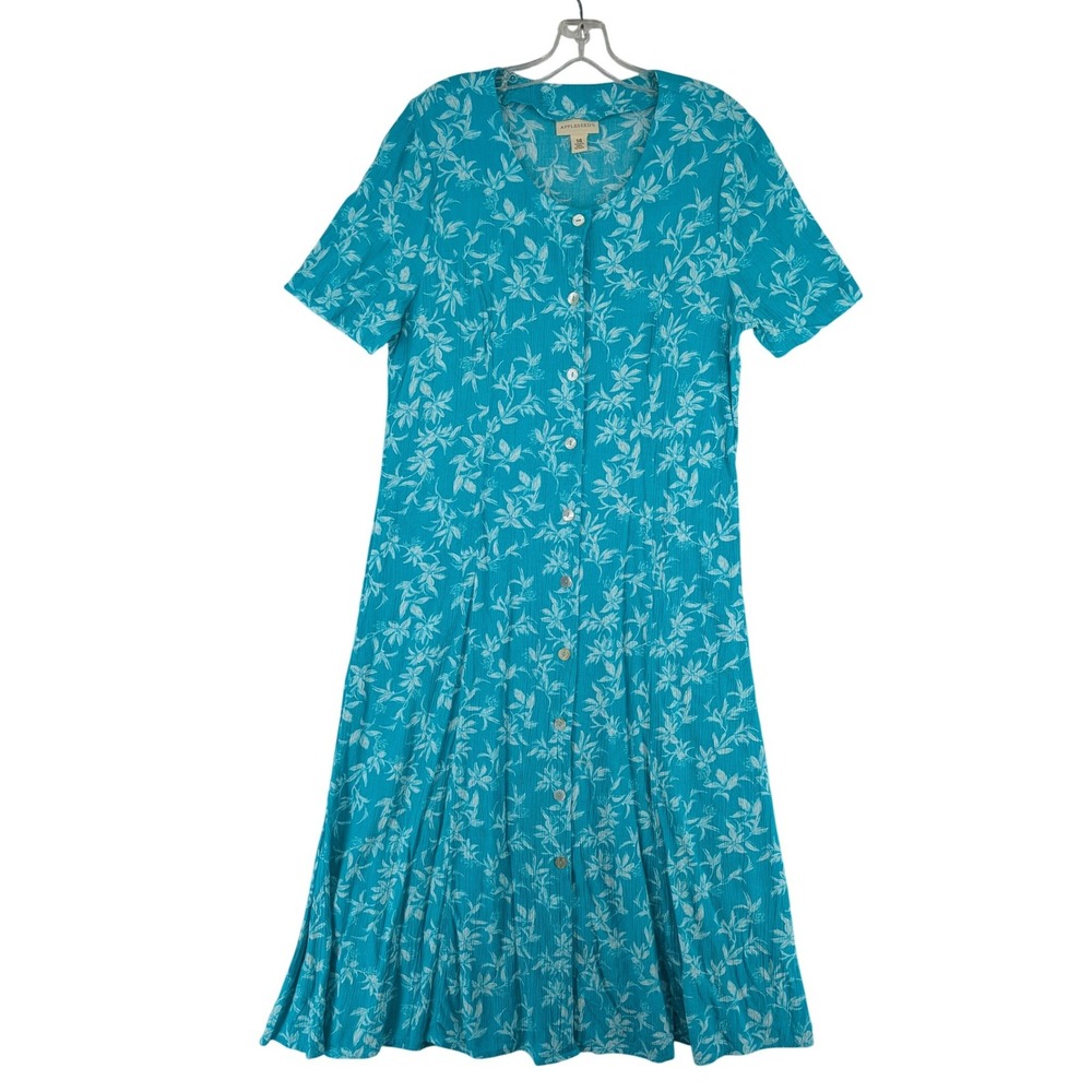 Appleseed's Floral Rayon Midi Dress 14 Blue Button Front Short Sleeve Breezy